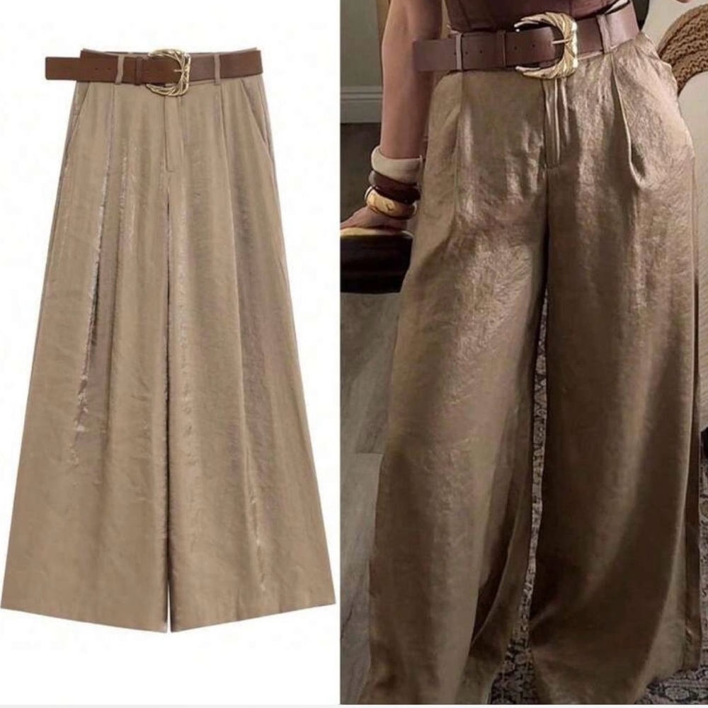 Zara Wide-Leg High-Waist Pants in Taupe Brown